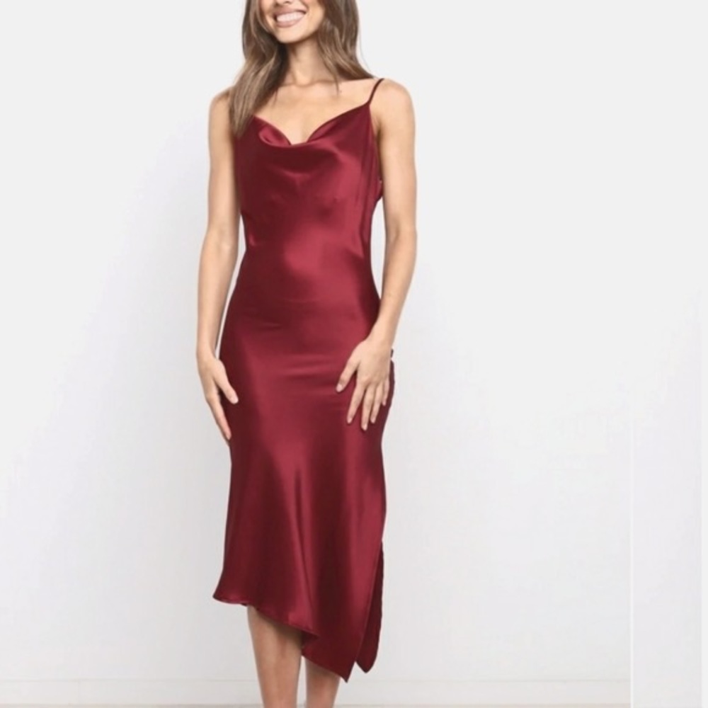 Princess polly Cyprus wine burgundy asymmetrical satin midi nwot